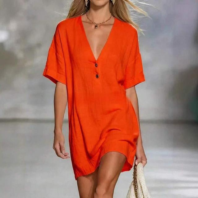 orange v-neck shift dress