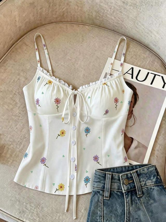 floral embroidered ribbon tie strap camisole