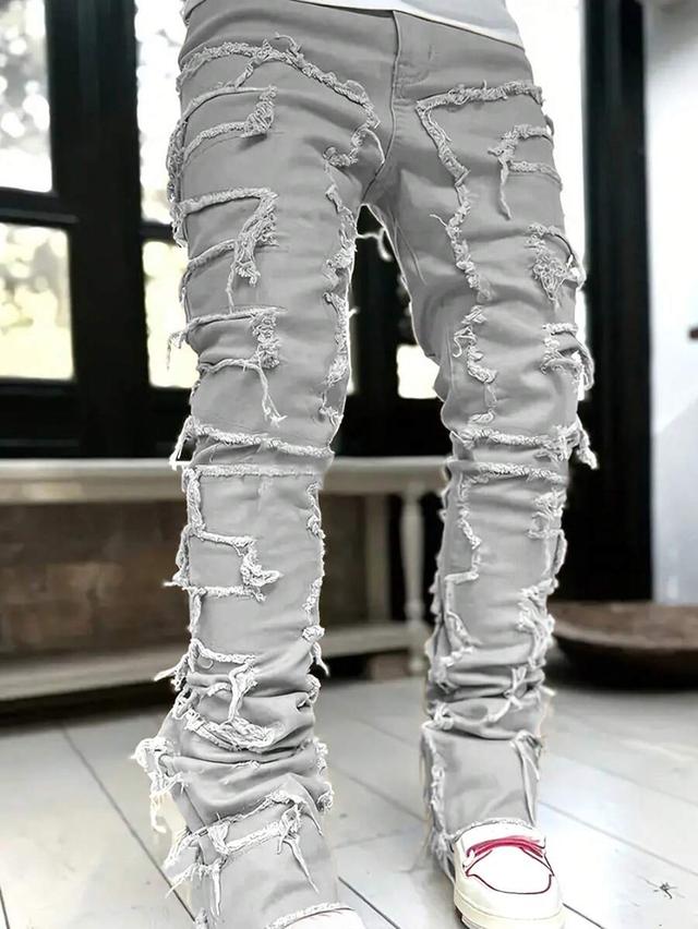 men's grey distressed slim fit denim jeans