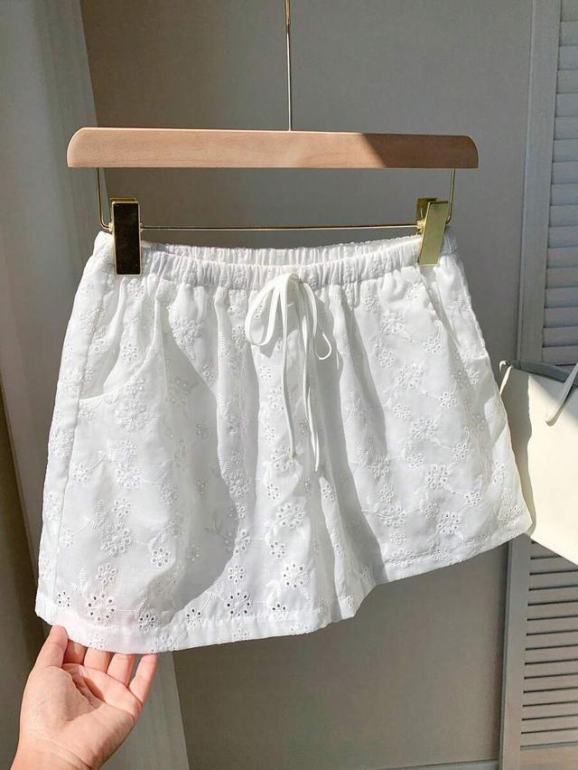 white floral embroidered cotton drawstring waist shorts