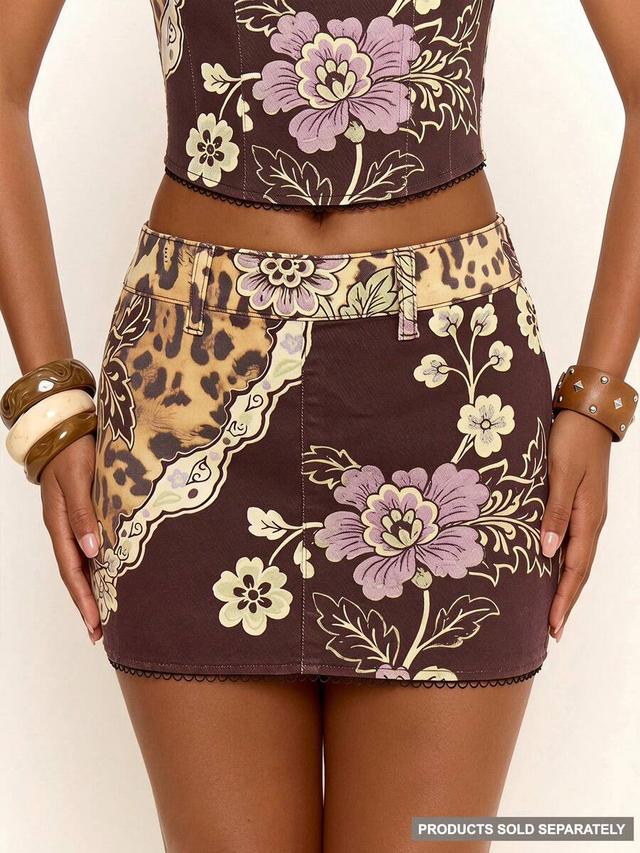 musera black floral leopard printed loop trim denim mini skirt