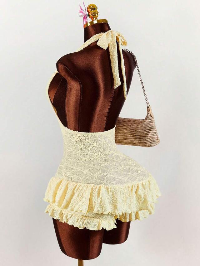 cream lace halter backless ruffled playsuit