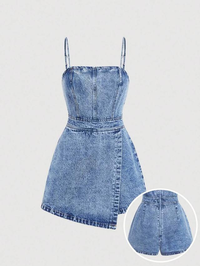 fitted bib denim romper in acid wash blue