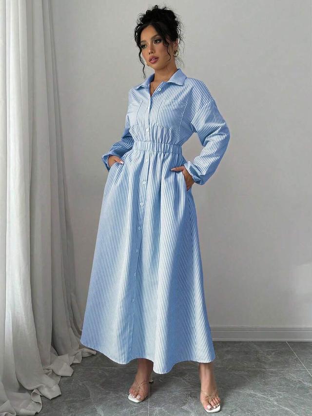 elegant blue and white striped button-down shirt dress