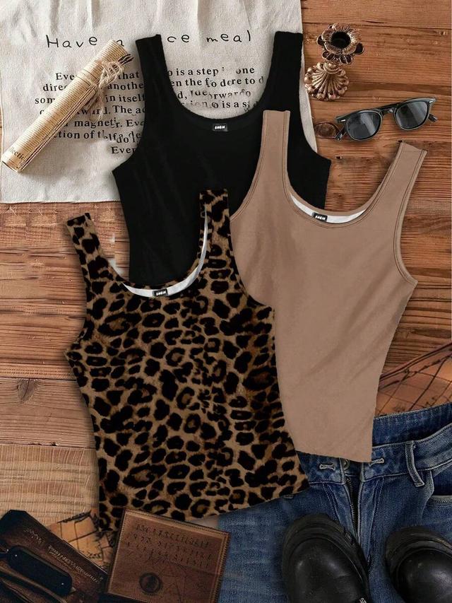 beige casual leopard print crew neck tank top