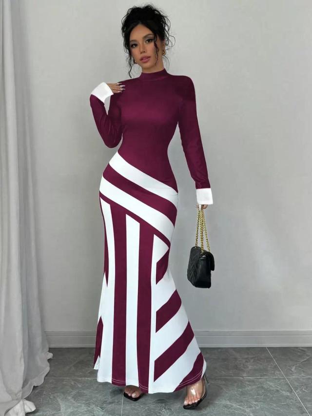 burgundy and white geometric striped maxi dress