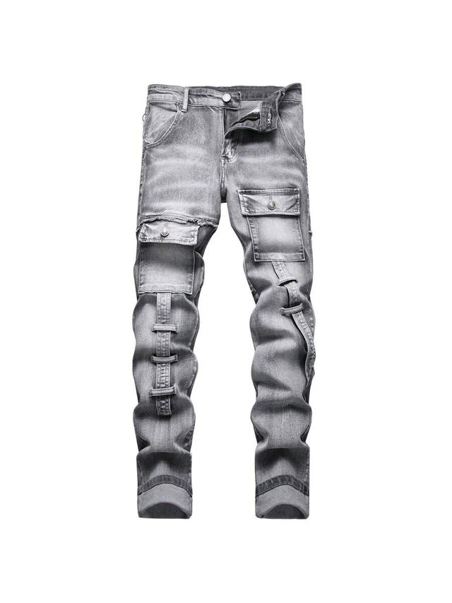 men's grey slim stretch motorcycle fashion jeans