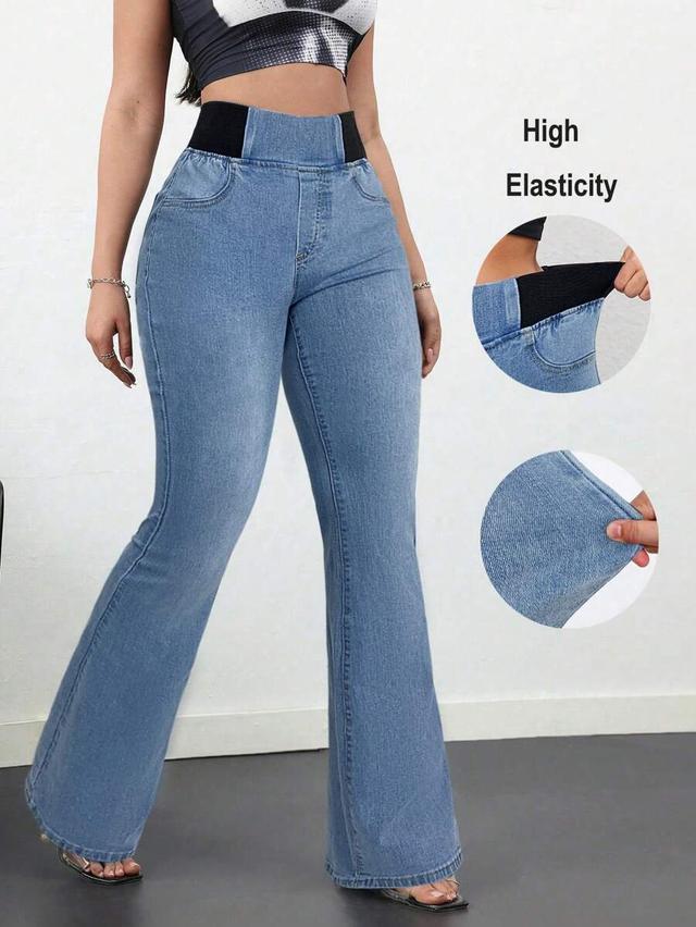 blue stretch denim high waist flared jeans