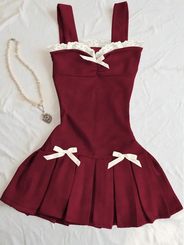 burgundy cami dress with lace trim and bowknots