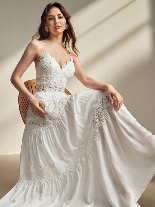 white lace patchwork hollow out camisole dress