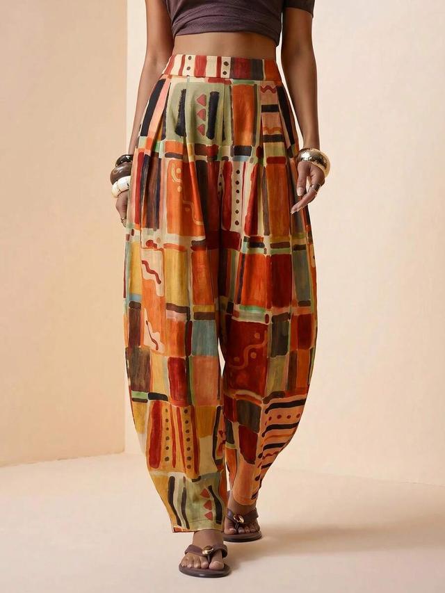 zivah linen pleated brown elastic waist printed pants
