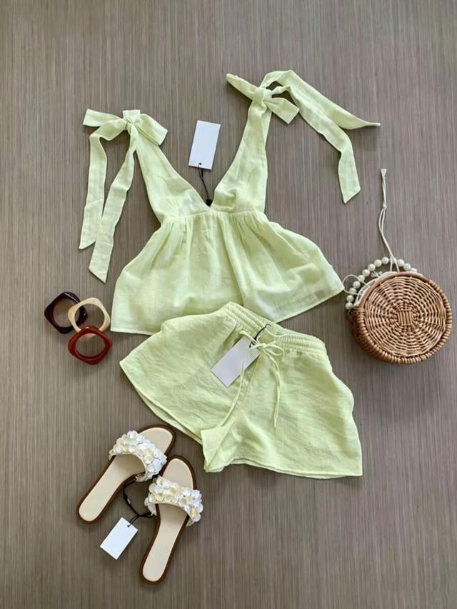 lime green linen camisole and matching shorts set