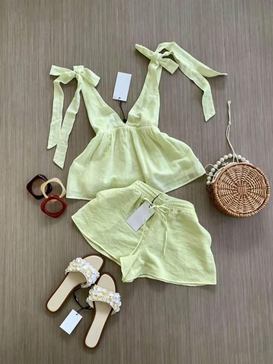 lime green linen camisole and matching shorts set