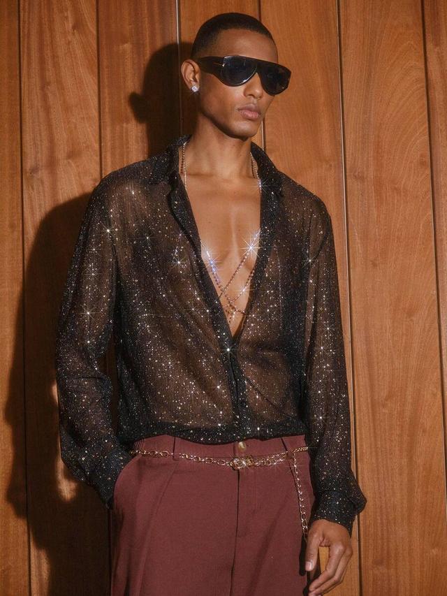black and silver sparkly sheer mesh long sleeve shirt