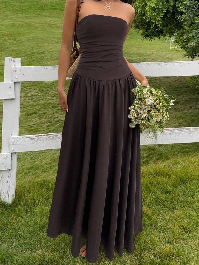 strapless brown midi dress with ruched bodice