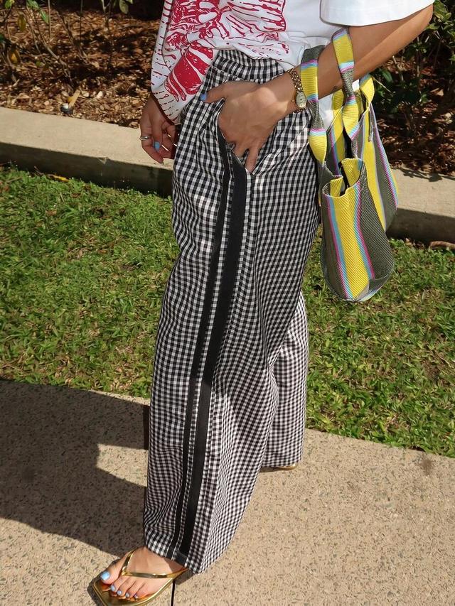black and white gingham elastic waist casual pants