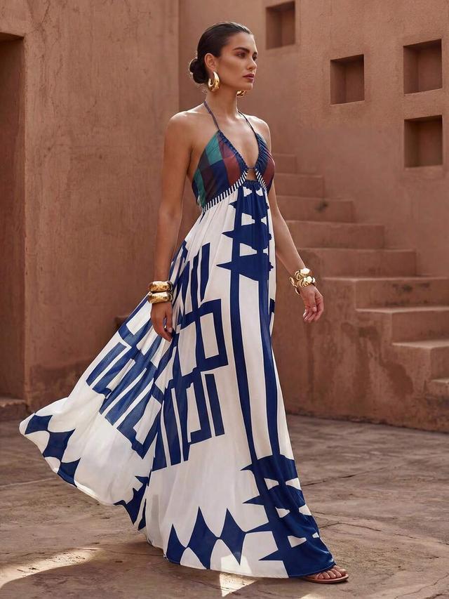 white printed deep v-neck spaghetti strap maxi dress