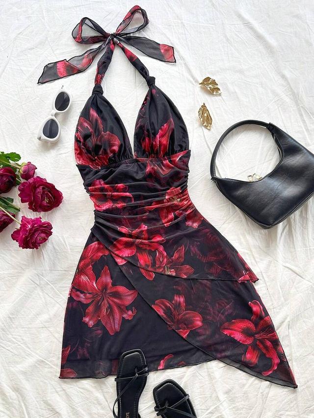 floral ombre halter neck ruched asymmetric mini dress