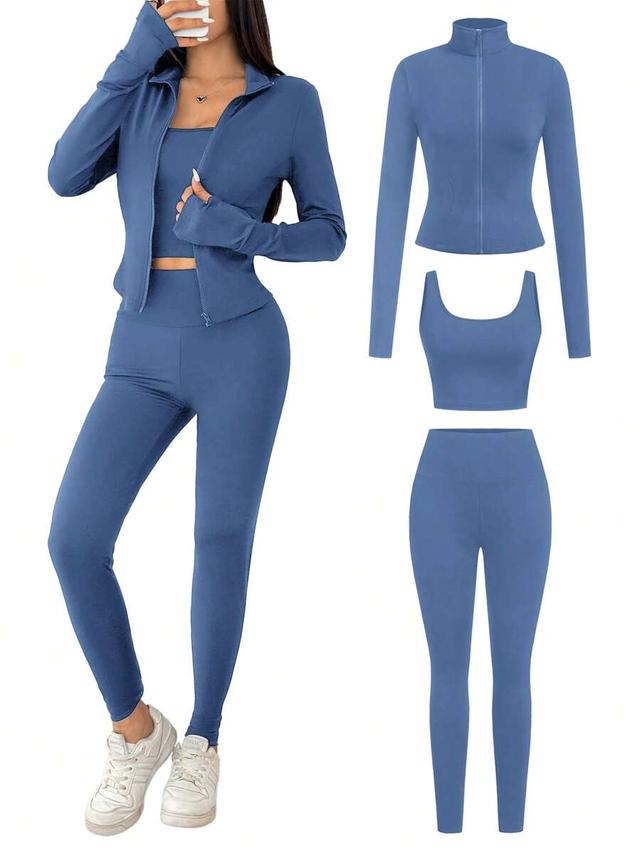 hazy blue zip front jacket, tank top, and leggings