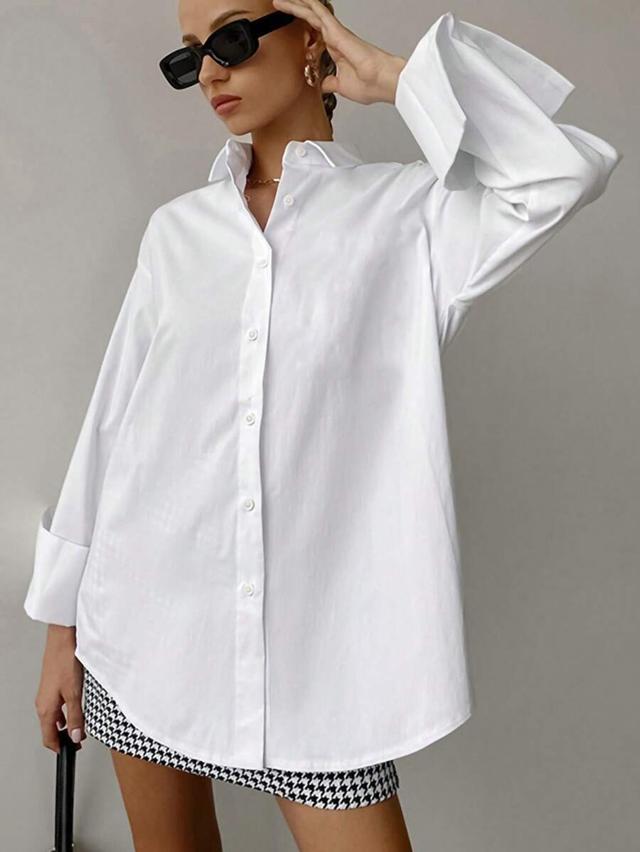 women turn down collar long sleeve white shirt