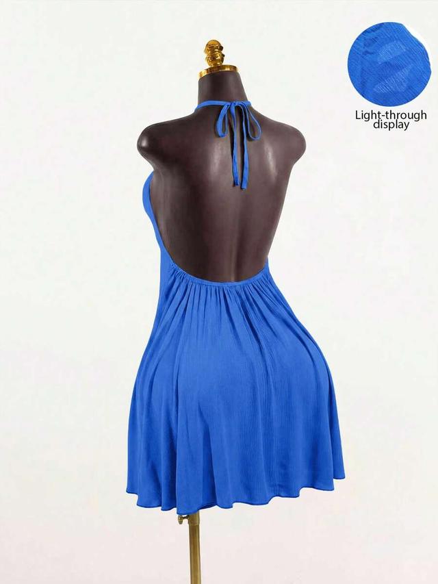 blue halter neck open back mini dress