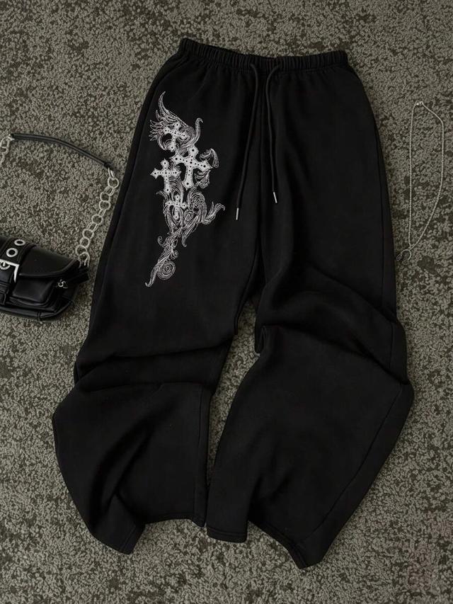 black graphic floral print straight leg gothabilly sweatpants