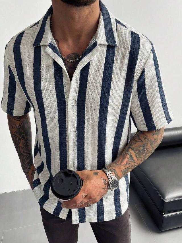 mediterranean style striped cuban collar vacation shirt
