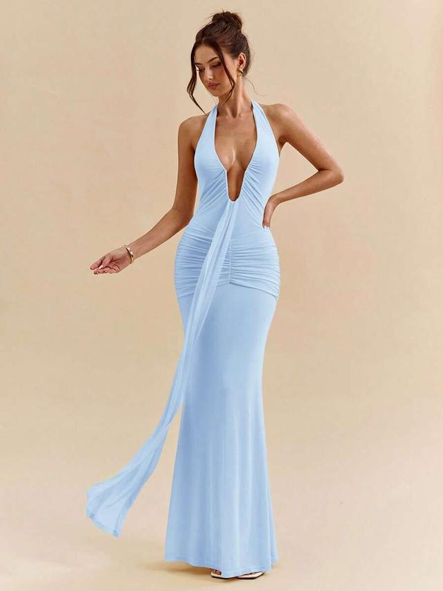 light blue deep v-neck halter maxi dress