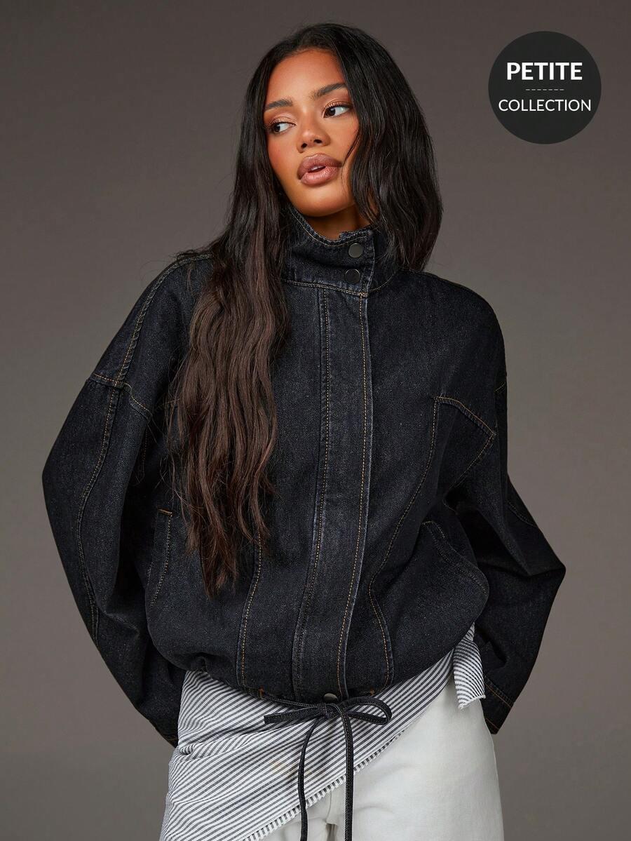 athiral black denim oversized stand collar drawstring jacket