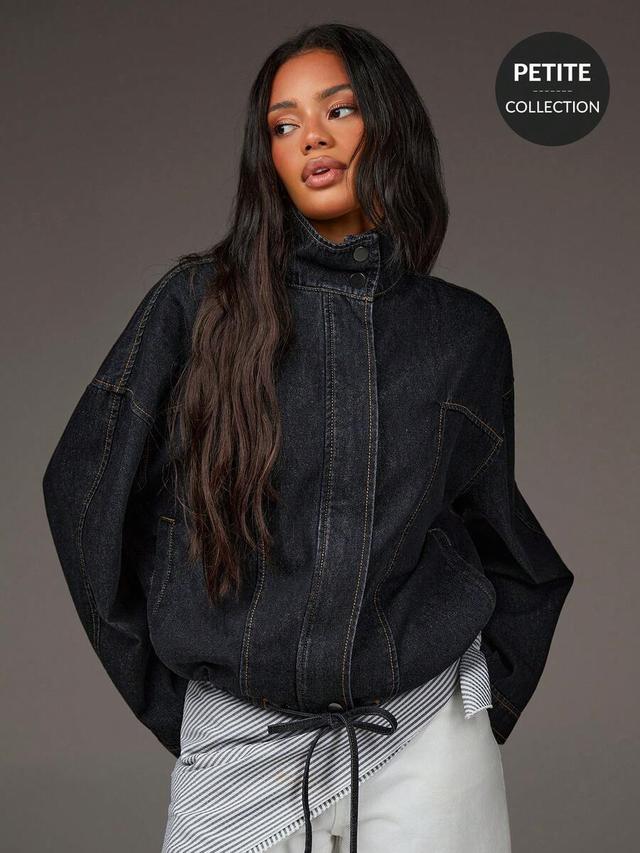 athiral black denim oversized stand collar drawstring jacket