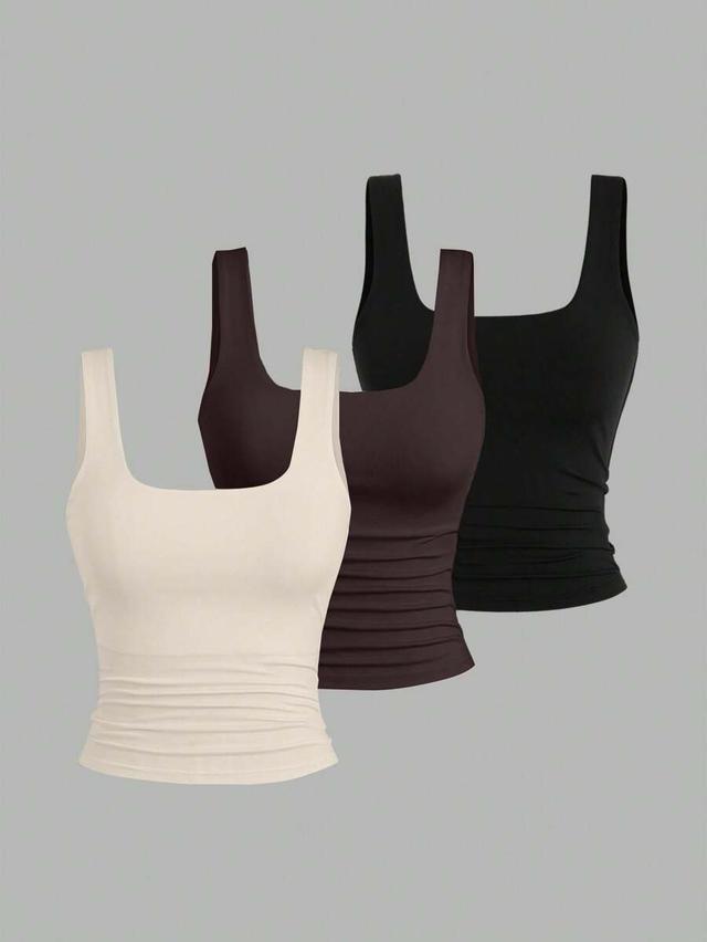 black sweetra women's solid color square neck pleated fitted tank