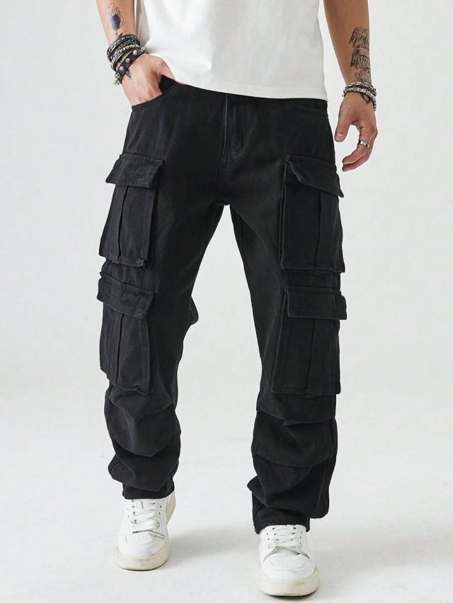manfinity hypemode black denim cargo trousers
