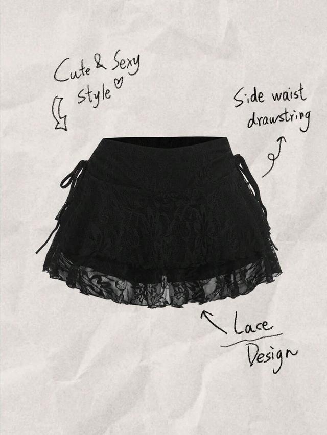 black lace drawstring ruffle double layer mini skirt