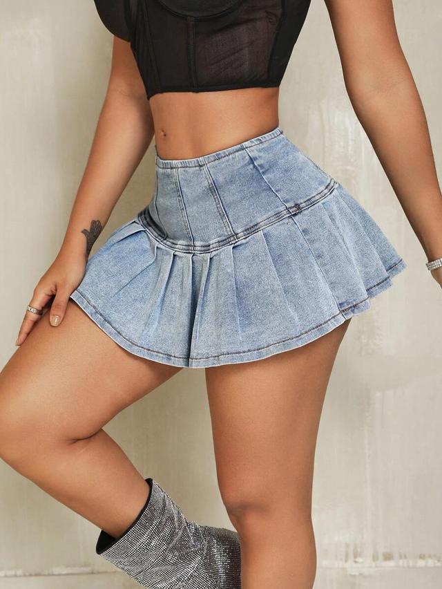 light wash denim pleated mini skirt