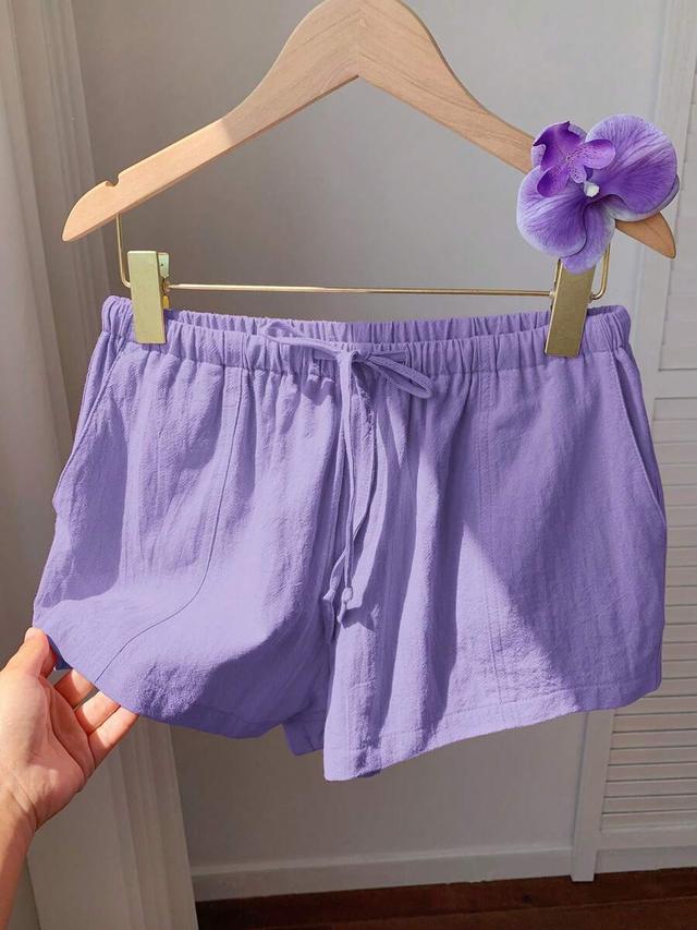 deep purple linen drawstring casual shorts