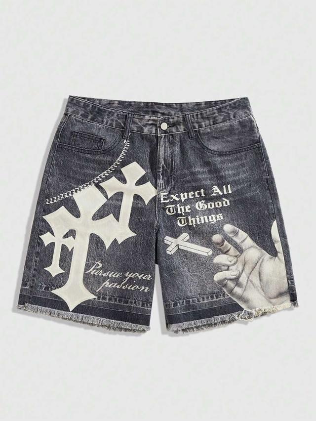 graphic print distressed denim jorts