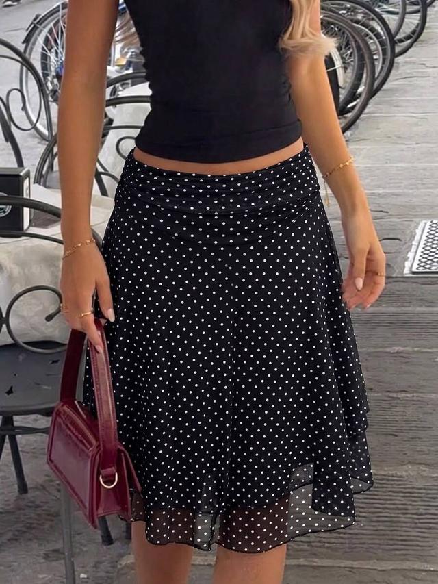 elegant black polka dot mesh pleated asymmetrical skirt