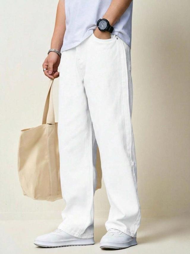 ronvexi men's casual simple solid white straight-cut jeans