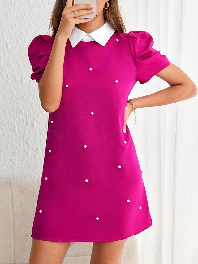 fuchsia pearl beaded contrast collar puff sleeve dress