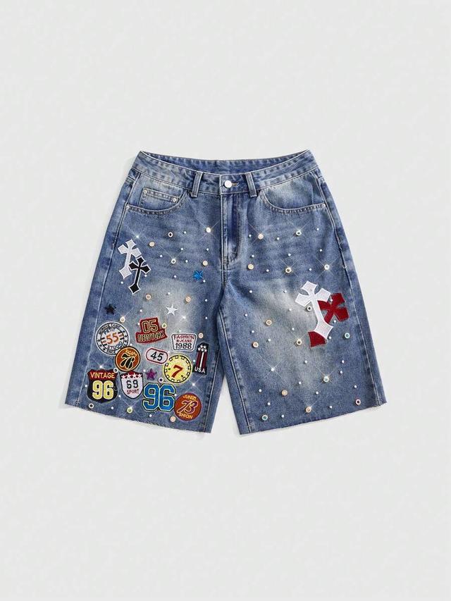 denim shorts with embroidered patches and rhinestone embellishments