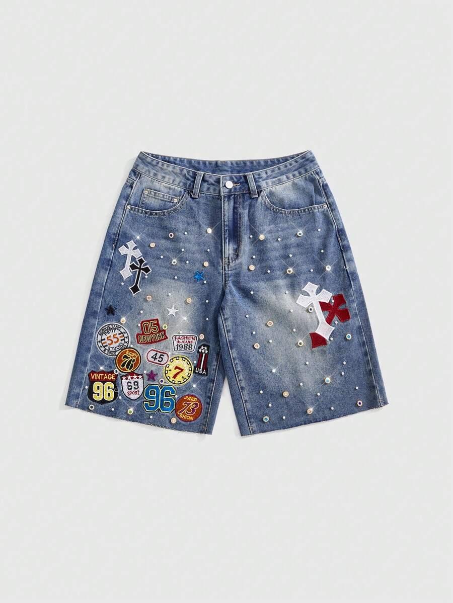 denim shorts with embroidered patches and rhinestone embellishments