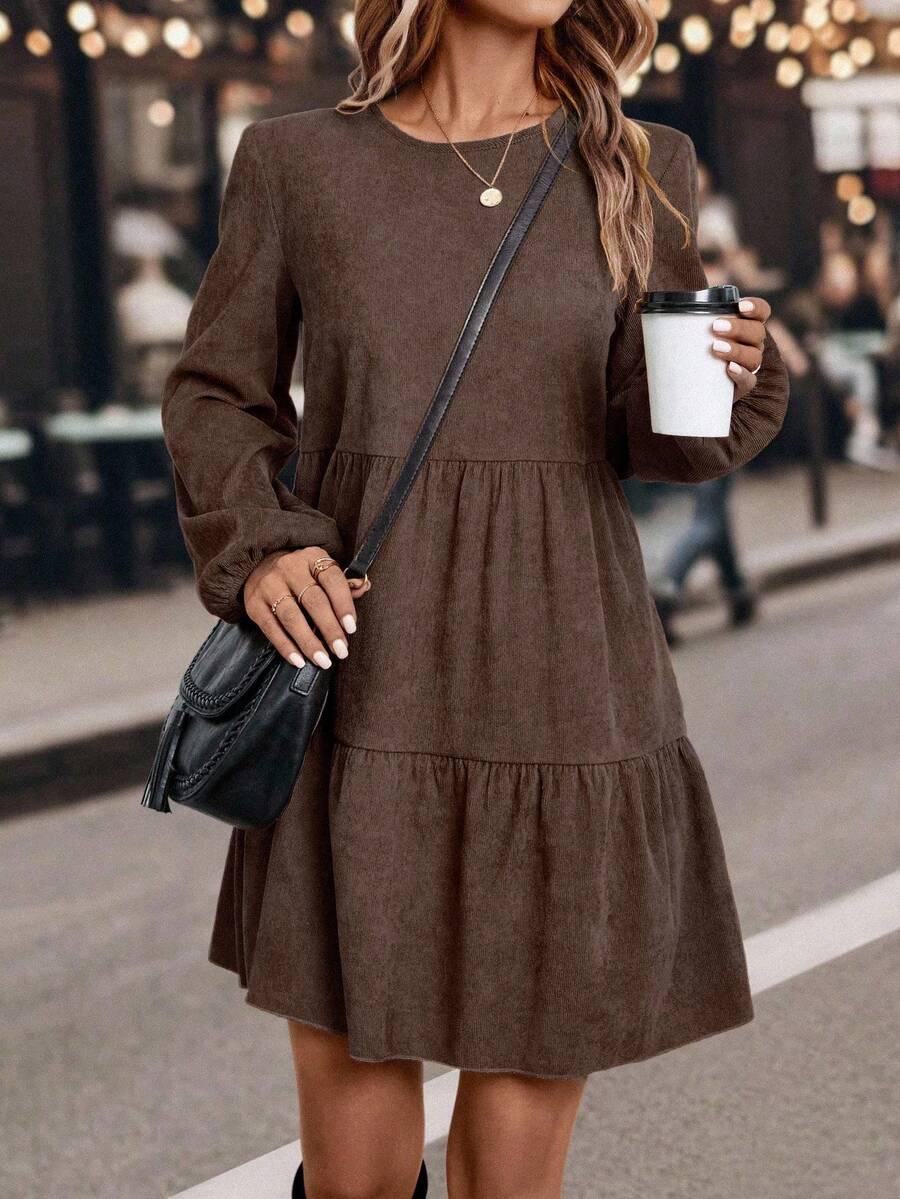 brown solid color round neck tiered ruffle hem dress