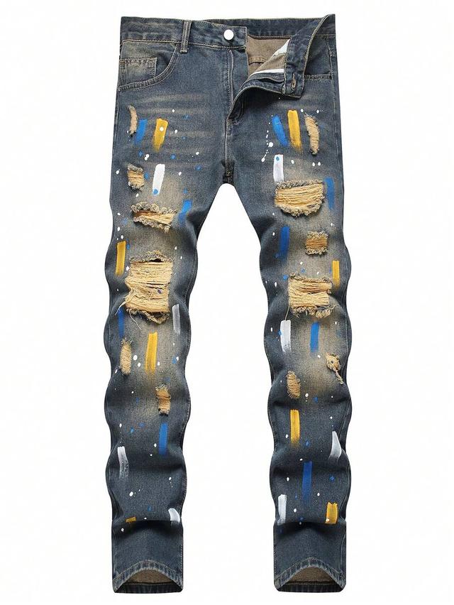 men's fashionable straight leg distressed washed denim jeans