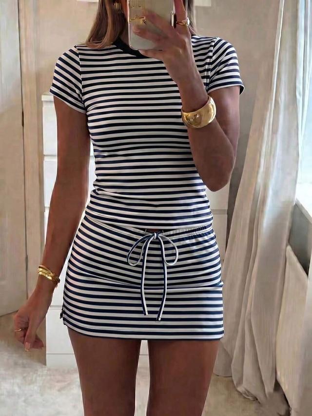 striped short sleeve crew neck mini skirt set