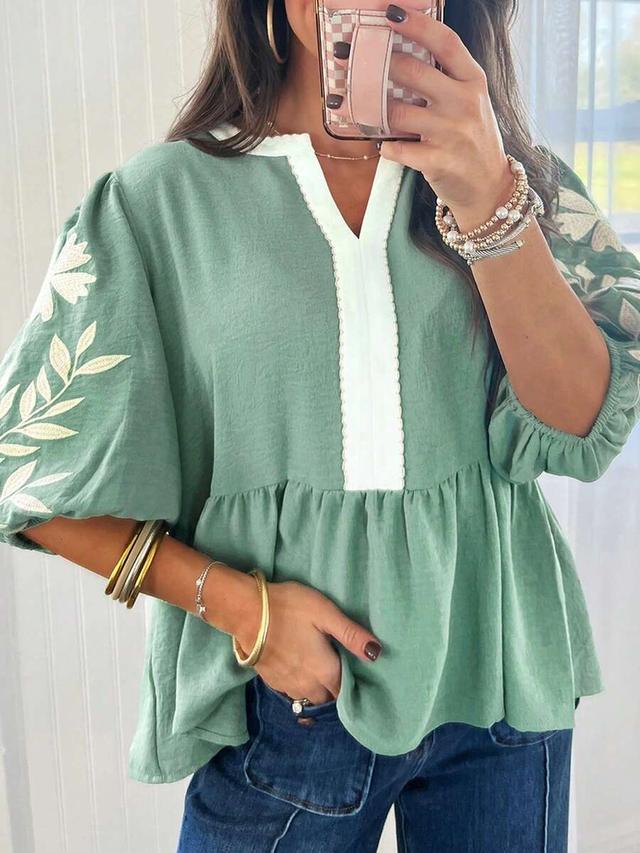 bohemian green floral embroidered v-neck ruffle blouse