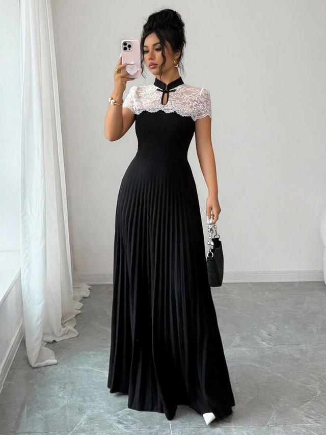 elegant lace patchwork mandarin collar pleated a-line dress