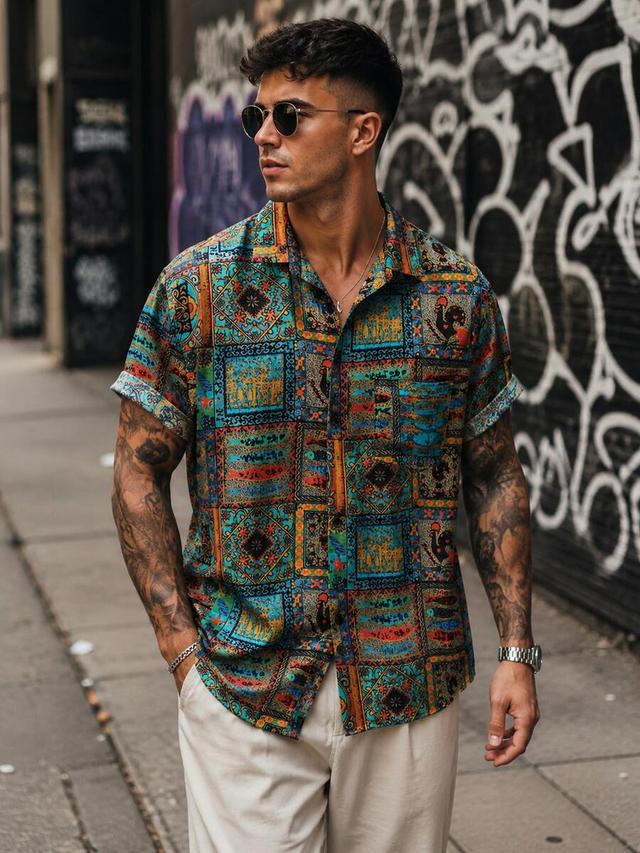 men's summer totem print turndown collar shirt