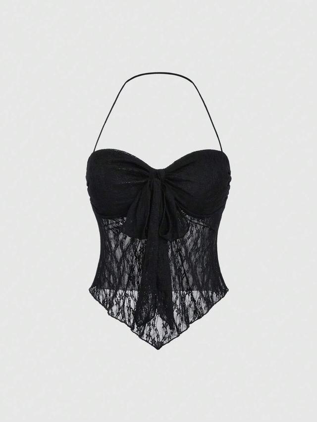 black lace bow front halter neck y2k top