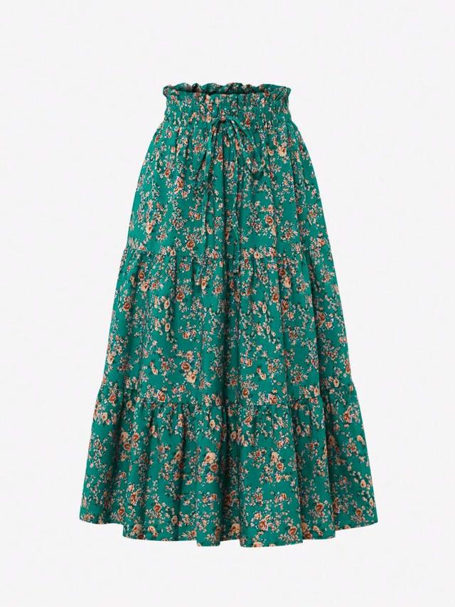 green floral print tiered maxi skirt
