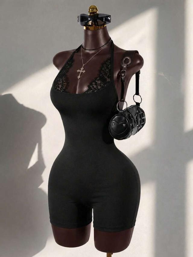 black lace patchwork halter neck shorts bodysuit